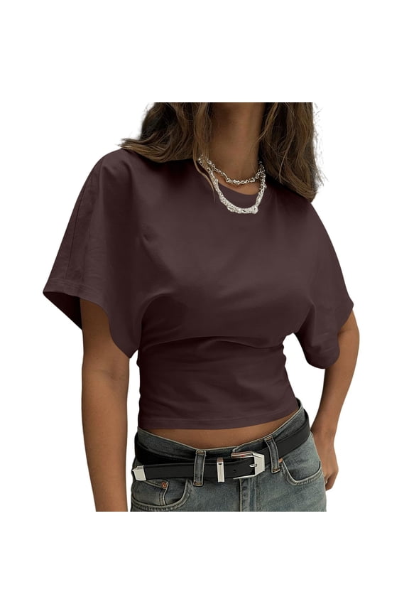 Women's Casual Crop Tops Solid Color Crew Neck Drop Shoulder Short Sleeve Form-Fitting T-shirt A-Brown S