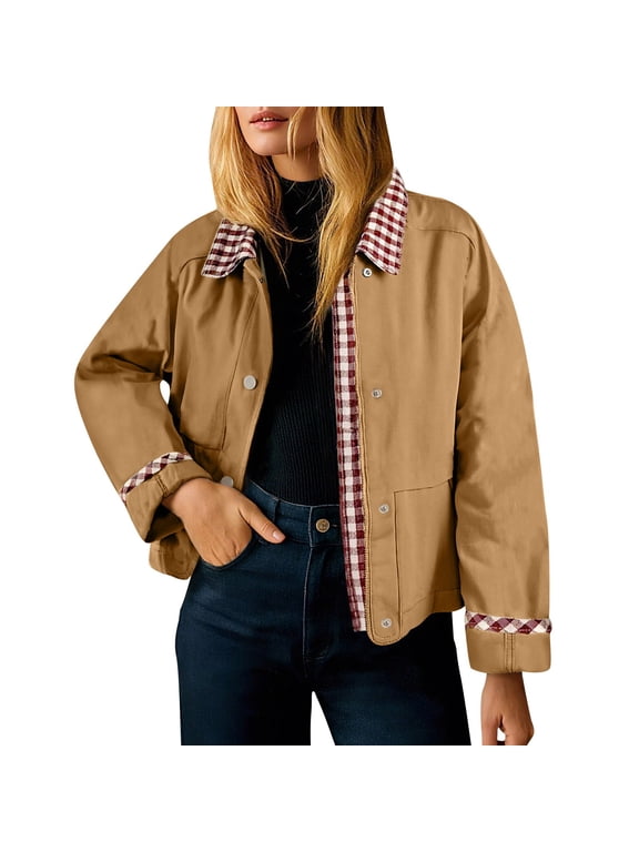 Women's Casual Jacket Fall Ladies' Long Sleeve Hoodless Fashion Coat with Loose Cuffs and Plaid Collar Gold XL