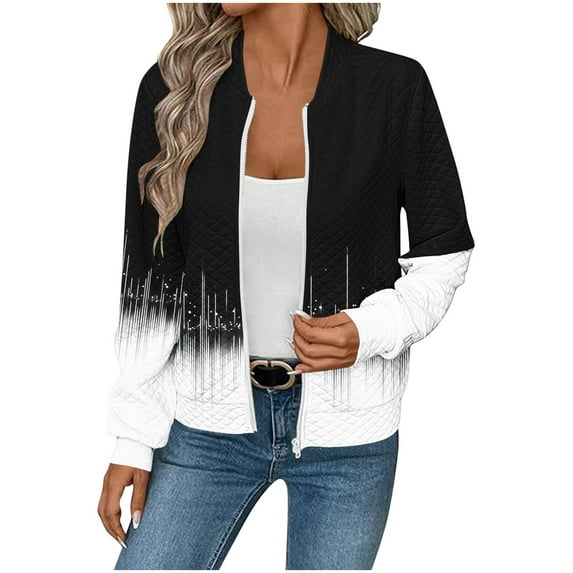 MaFYtyTPR Women's Casual Jacket Fashion Printed Waffle Checks Pocket Long Sleeve Zipper Hoodless Coats Black XL