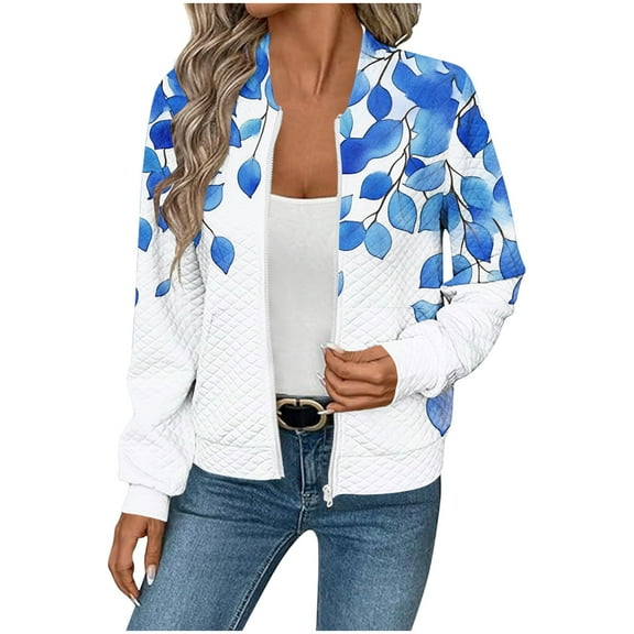 MaFYtyTPR Women's Casual Jacket Fashion Printed Waffle Checks Pocket Long Sleeve Zipper Hoodless Coats Blue L