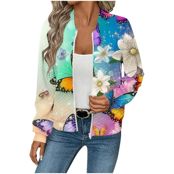 MaFYtyTPR Women's Casual Jacket Fashion Printed Waffle Checks Pocket Long Sleeve Zipper Hoodless Coats Multicolor L