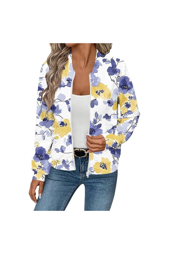Women's Casual Jacket Fashion Printed Waffle Checks Pocket Long Sleeve Zipper Hoodless Coats Yellow L