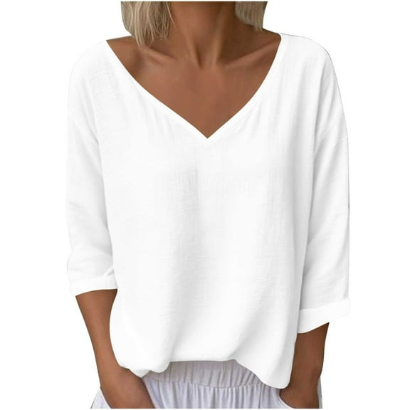 MaFYtyTPR Women's Casual Linen Tops Fashion Solid Color V-neck 3/4 Sleeve Loose Comfortable Pullover Bloues Top