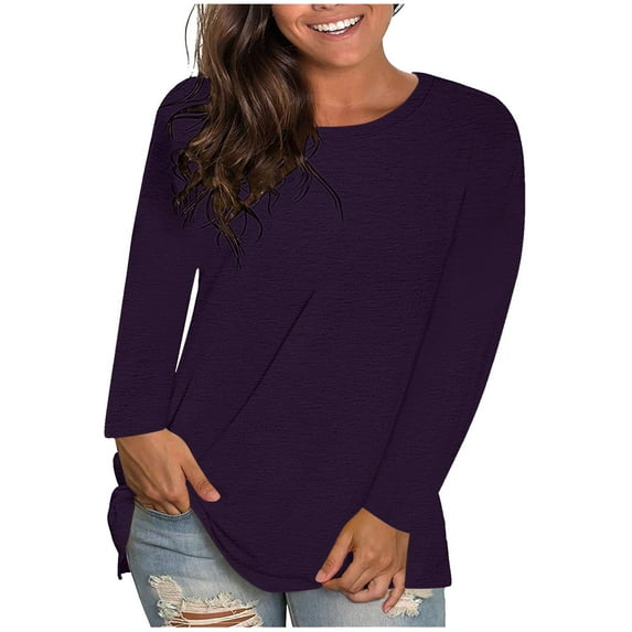 MaFYtyTPR Women's Plus Size Tops Fashion Solid Color Long Sleeve Round Neck Pullover Loose T-shirts Top Purple XXL