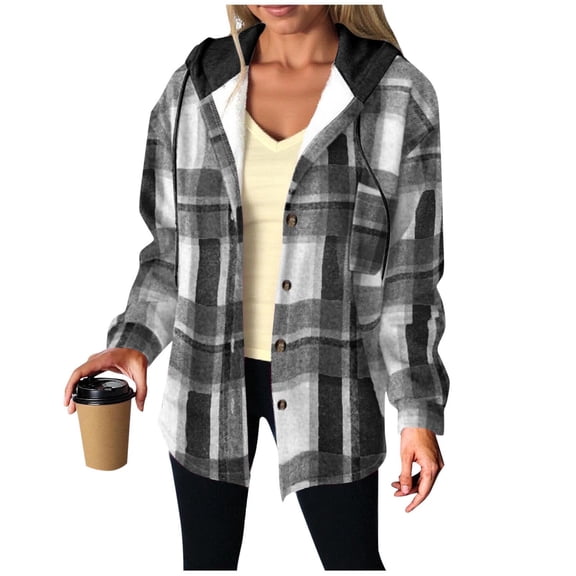 MaFYtyTPR Women's Casual Plaid Hooded Coats Fashion Checked Long-sleeve Buttoned Thick Sweatshirt Coat Top with Pocket Dark Gray L