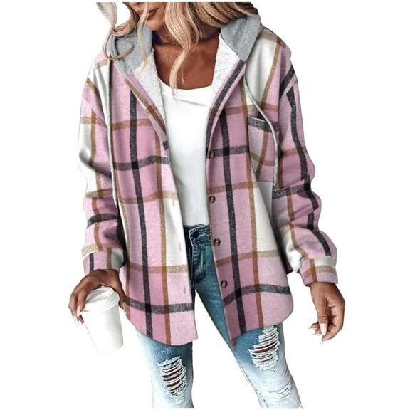MaFYtyTPR Women's Casual Plaid Hooded Coats Fashion Checked Long-sleeve Buttoned Thick Sweatshirt Coat Top with Pocket Pink L