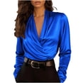 thumbnail image 1 of MaFYtyTPR Women's Casual Satin Shirts Fashion Ladies Solid Color V-Neck Casual Long Sleeve Ruched Blouse Blue L, 1 of 5