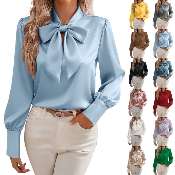 MaFYtyTPR Women's Blouse Satin Long Sleeve Elegant Button Down Shirt with Bow Tie Neck Women Dress Shirts for Office Black XL