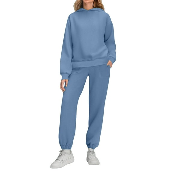 MaFYtyTPR Women's Casual Sweatsuits Fashionable Solid Color Long Sleeved Hooded Sweatshirt Loose Long Pants Set