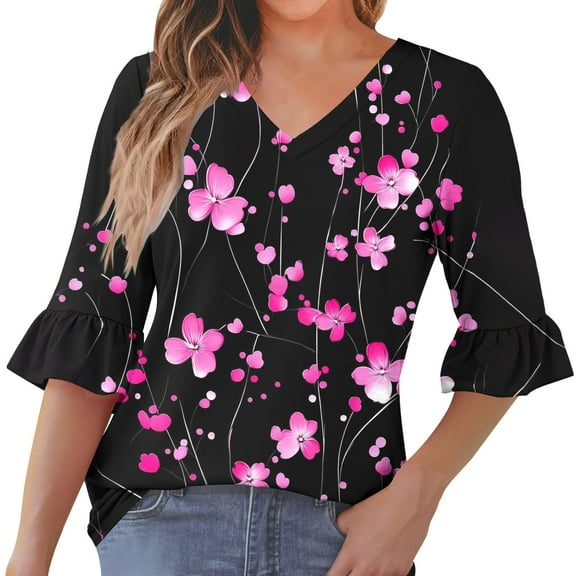 MaFYtyTPR Women's Casual Tops 3/4 Sleeve Fashion Ladies's Printing V-Neck Ruffled Shaped Sleeves Comfy Loose Bloues
