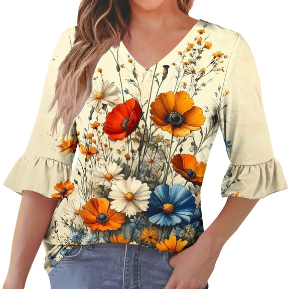 MaFYtyTPR Women's Casual Tops 3/4 Sleeve Fashion Ladies's Printing V-Neck Ruffled Shaped Sleeves Comfy Loose Bloues