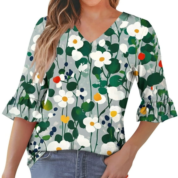 MaFYtyTPR Women's Casual Tops 3/4 Sleeve Fashion Ladies's Printing V-Neck Ruffled Shaped Sleeves Comfy Loose Bloues
