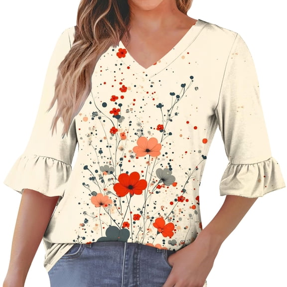 MaFYtyTPR Women's Casual Tops 3/4 Sleeve Fashion Ladies's Printing V-Neck Ruffled Shaped Sleeves Comfy Loose Bloues