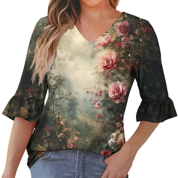 MaFYtyTPR Women's Casual Tops 3/4 Sleeve Fashion Ladies's Printing V-Neck Ruffled Shaped Sleeves Comfy Loose Bloues