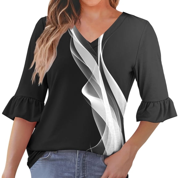 MaFYtyTPR Women's Casual Tops 3/4 Sleeve Fashion Ladies's Printing V-Neck Ruffled Shaped Sleeves Comfy Loose Bloues