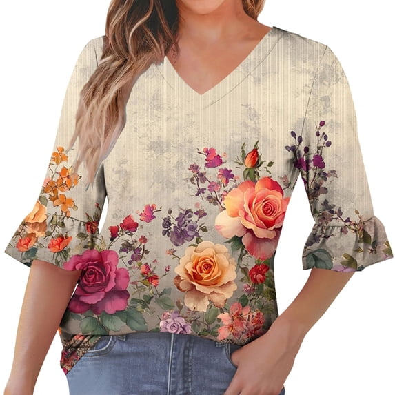 MaFYtyTPR Women's Casual Tops 3/4 Sleeve Fashion Ladies's Printing V-Neck Ruffled Shaped Sleeves Comfy Loose Bloues