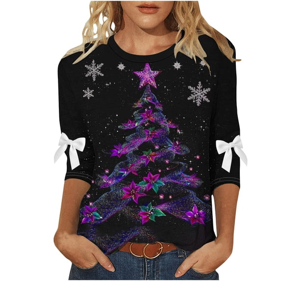 MaFYtyTPR Women's Christmas 3/4 Sleeve Tops Fashion Festival Printed Bow Round Neck Three Quarter Sleeve Loose T-shirt Plus Size Black XXL