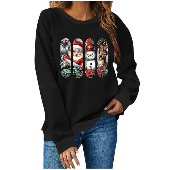 MaFYtyTPR Women's Christmas Printed Sweatshirts Fashion Printing Long Sleeve Round Neck Loose Blouse Pullover Sweatshirt Tops Black L