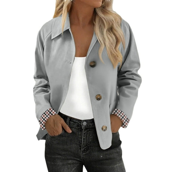 MaFYtyTPR Women's Coat Cropped Classic Lapel Collar Casual Jackets With Checkered Lining Jacket Coats Gray M
