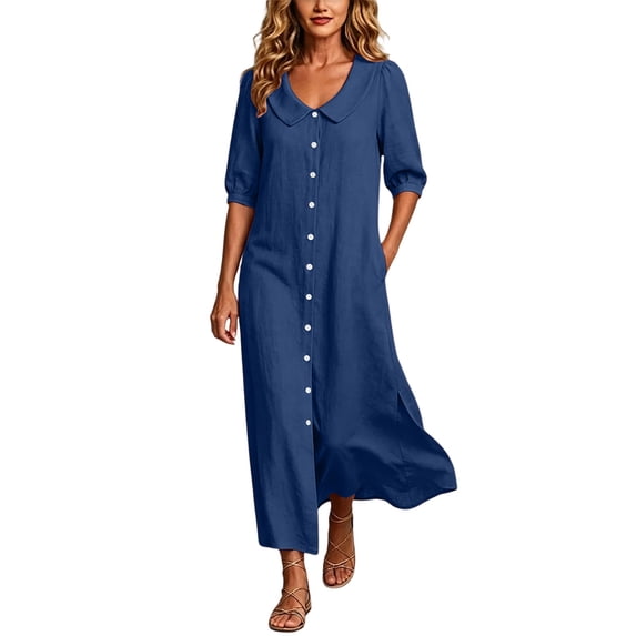 MaFYtyTPR Women's Collared Maxi Dress Button Down 3/4 Sleeve Relaxed Fit Shirt Dress with Pockets for Daily Wear A-Navy L