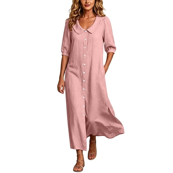 MaFYtyTPR Women's Collared Maxi Dress Button Down 3/4 Sleeve Relaxed Fit Shirt Dress with Pockets for Daily Wear A-Pink S