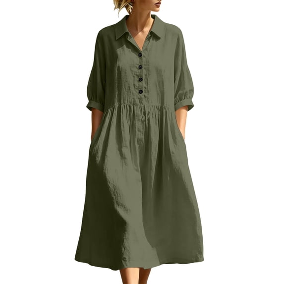 MaFYtyTPR Women's Collared Shirts Dress Half Button 3/4 Sleeve Relaxed Casual Vacation Dresses with Pockets A-Army Green L