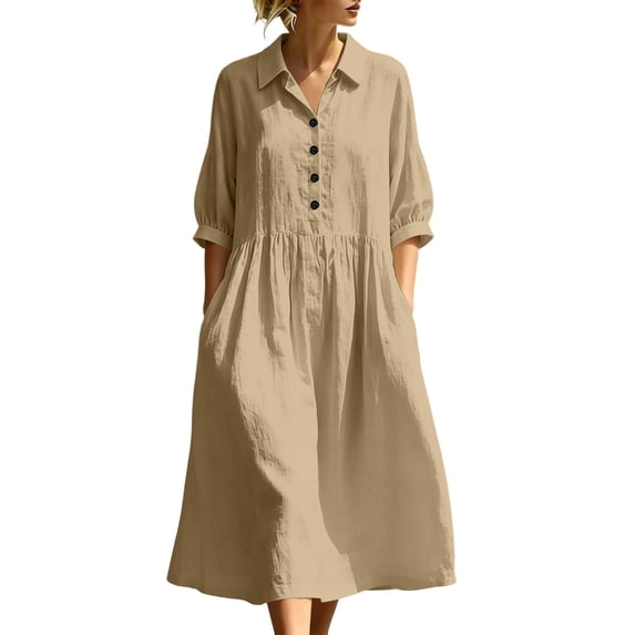 MaFYtyTPR Women's Collared Shirts Dress Half Button 3/4 Sleeve Relaxed Casual Vacation Dresses with Pockets A-Khaki XL