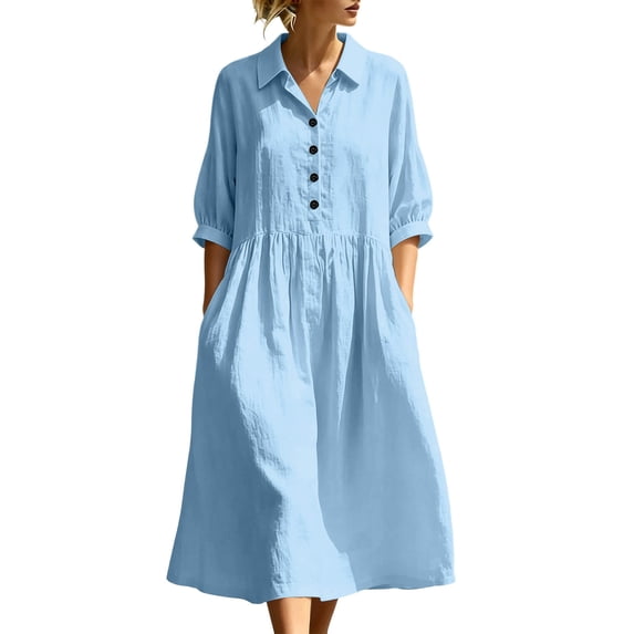 MaFYtyTPR Women's Collared Shirts Dress Half Button 3/4 Sleeve Relaxed Casual Vacation Dresses with Pockets A-Light Blue L