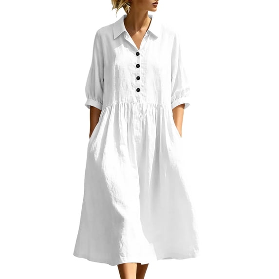 MaFYtyTPR Women's Collared Shirts Dress Half Button 3/4 Sleeve Relaxed Casual Vacation Dresses with Pockets A-White L