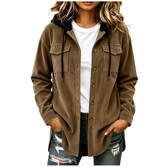 MaFYtyTPR Women's Corduroy Hooded Jacket Casual Button Down Shacket Long Sleeve Hoodie Shirt Coat with Pockets Brown S