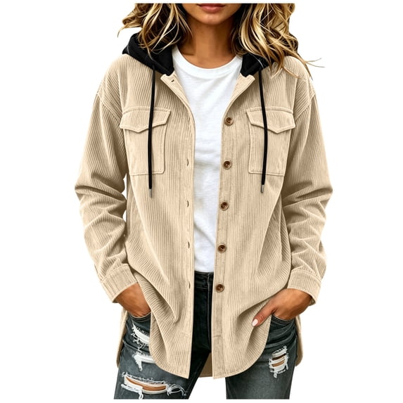 MaFYtyTPR Women's Corduroy Hooded Jacket Casual Button Down Shacket Long Sleeve Hoodie Shirt Coat with Pockets Khaki S