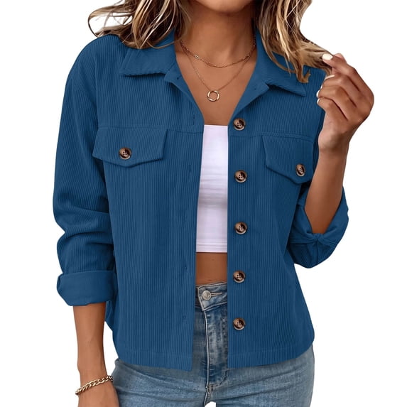 MaFYtyTPR Women's Corduroy Jacket Lapel Collar Button Front Pockets Cropped Casual Coat for Fall Daily Wear
