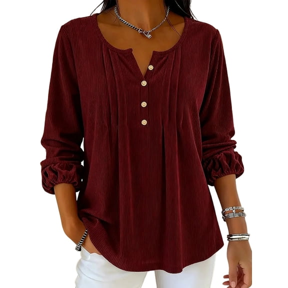MaFYtyTPR Women's Corduroy Tops Casual Solid Color Pleated Round Neck Button Long Sleeve Loose Blouse Red M