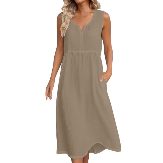 MaFYtyTPR Women's Cotton Linen Dress Summer Casual Solid Color Flax V-Neck Sleeveless Pleates Loose Long Dresses Z-Khaki M