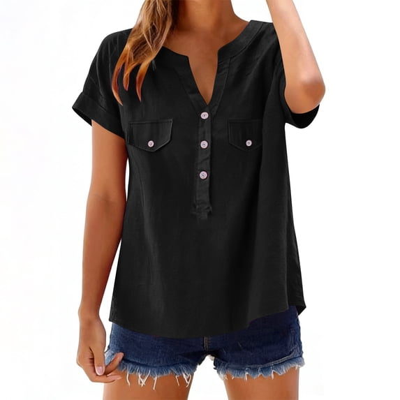 MaFYtyTPR Women's Cotton Linen Tops Spring Summer V-Neck Pullover Button Short Sleeved Loose T-Shirts Black S