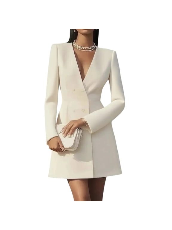 Women's Deep V-Neck Blazer Dress Double Breasted Long Sleeve Mini Suit Coat Dresses for Formal Cocktail Events A-Beige XXL