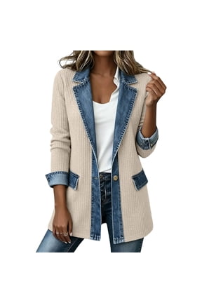 Women's Denim Jacket Patchwork Ribbed Lapel Long Sleeve Single Button Casual Coat with Pockets Women Jean Cardigan A-Beige L
