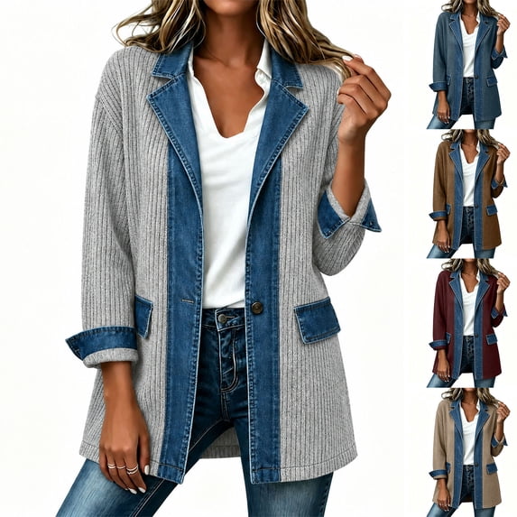 MaFYtyTPR Women's Denim Patchwork Jacket Ribbed Notched Lapel Long Sleeve Blazer Dressy Single Button Casual Coat with Pockets