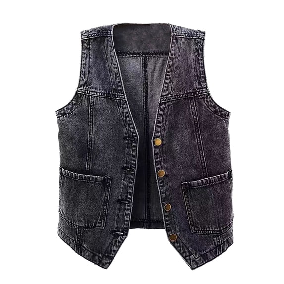 MaFYtyTPR Women's Denim Tank Tops Fashion Solid Color Versatile Button V-neck Jacket with Pockets A-Black L