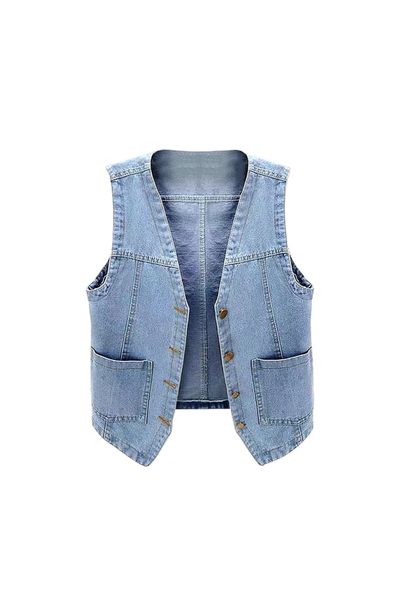Women's Denim Tank Tops Fashion Solid Color Versatile Button V-neck Jacket with Pockets A-Light Blue M