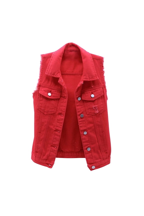 Women's Denim Tank Tops Fashion Solid Color Versatile Button V-neck Jacket with Pockets B-Red M