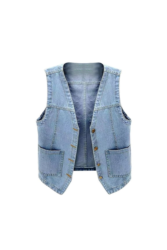 Women's Denim Tank Tops Fashion Solid Color Versatile Button V-neck Jacket with Pockets A-Light Blue L