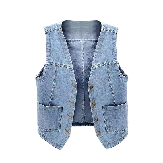 MaFYtyTPR Women's Denim Tank Tops Fashion Solid Color Versatile Button V-neck Jacket with Pockets A-Light Blue XL