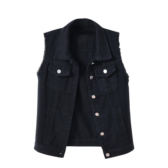 MaFYtyTPR Women's Denim Tank Tops Fashion Solid Color Versatile Button V-neck Jacket with Pockets B-Black XXL