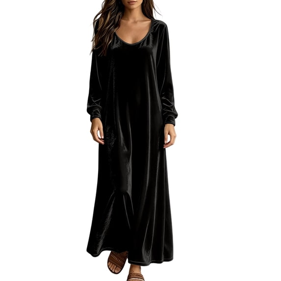MaFYtyTPR Women's Evening Dress Fashion Velvet Long Sleeve Crew Neck Temperament Pleated Loose Dresses