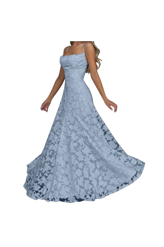 Women's Fashion Evening Dresses Trendy Off The Shoulder Maxi Dress Lace Appliques Spaghetti Strap Formal Evening Gown Blue L