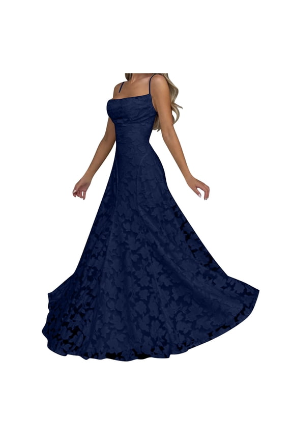 Women's Fashion Evening Dresses Trendy Off The Shoulder Maxi Dress Lace Appliques Spaghetti Strap Formal Evening Gown Navy XS