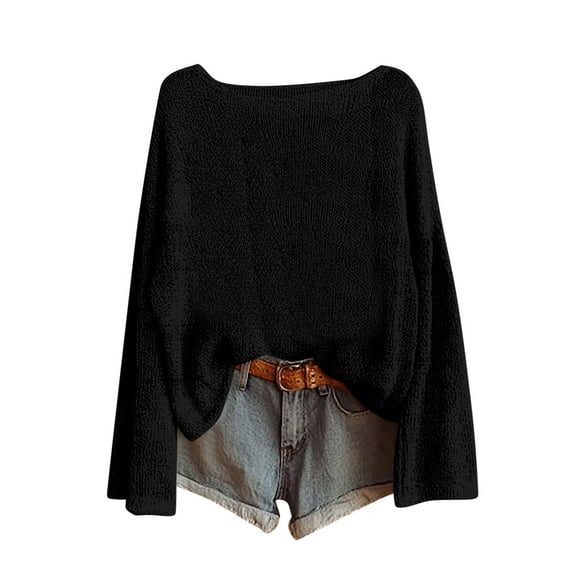 MaFYtyTPR Women's Fashion Sweater 2025 Fall Solid Casual Round Neck Long Sleeve Pullover Knit Crochet Tops Black XXL