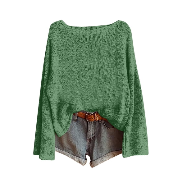 MaFYtyTPR Women's Fashion Sweater 2025 Fall Solid Casual Round Neck Long Sleeve Pullover Knit Crochet Tops Green L