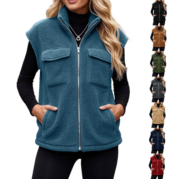 MaFYtyTPR Women's Fleece Vest Jacket Zip Up Stand Collar Multi-Pocket Sleeveless Jackets 01-Green XXL